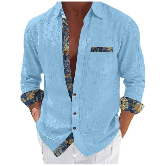 USNSM Mens Dress Shirts Long Sleeve Button Down Casual Shirts for Men Inner Contrast Formal Business Work Shirt Blue XL