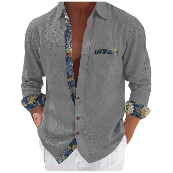 USNSM Mens Dress Shirts Long Sleeve Button Down Casual Shirts for Men Inner Contrast Formal Business Work Shirt Gray L