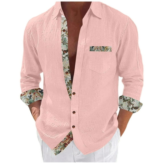 USNSM Mens Dress Shirts Long Sleeve Button Down Casual Shirts for Men Inner Contrast Formal Business Work Shirt Pink XL