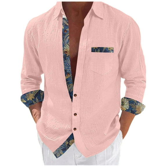 USNSM Mens Dress Shirts Long Sleeve Button Down Casual Shirts for Men Inner Contrast Formal Business Work Shirt Pink XXXL