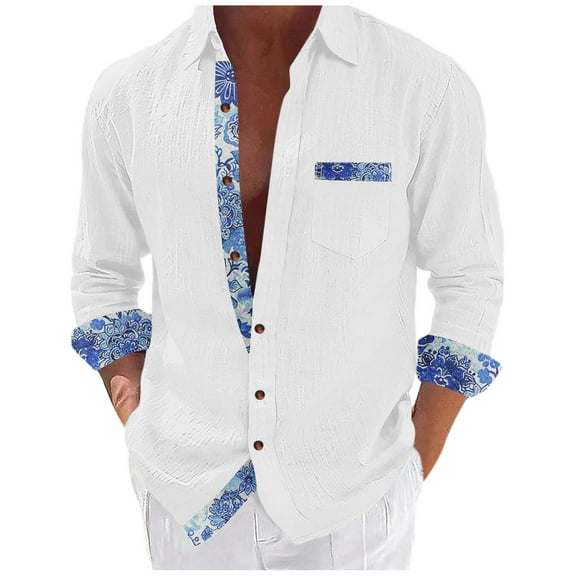 USNSM Mens Dress Shirts Long Sleeve Button Down Casual Shirts for Men Inner Contrast Formal Business Work Shirt White M