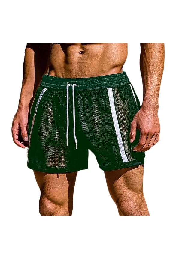Mens Fishnet Underwear Boxer Shorts Mesh Trunks See Through Shorts with Drawstring Waist Lounge Nightwear Bottoms Green XL