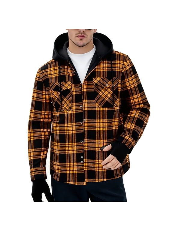 Mens Flannel Hoodie Shirts Casual Button Down Plaid Shirt Jackets Regular Fit Long Sleeve Stylish Hoodies with Pocket Orange XXL