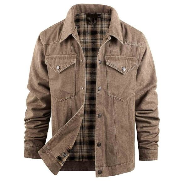 USNSM Mens Flannel Lined Denim Jacket Button Pockets Western Classic Slim Fit Vintage Long Sleeve Hoodless Jacket Outwear Coat Brown XXL
