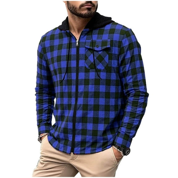 USNSM Mens Flannel Shirts Long Sleeve Casual Full Zipper Button Pocket Plaid Shirt Tops Cotton Business Work Shirts Blue XXL