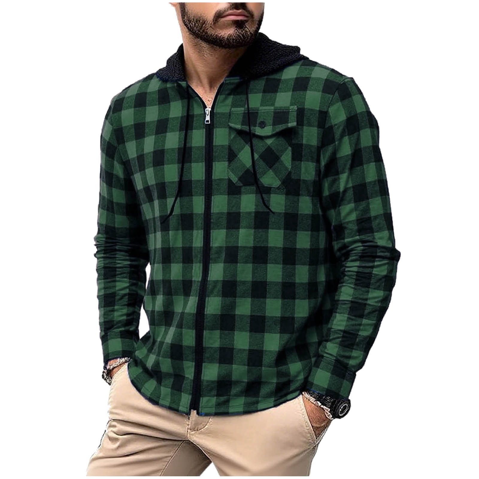 USNSM Mens Flannel Shirts Long Sleeve Casual Full Zipper Button
