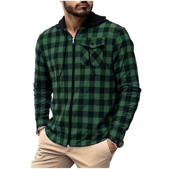 USNSM Mens Flannel Shirts Long Sleeve Casual Full Zipper Button Pocket Plaid Shirt Tops Cotton Business Work Shirts Green L