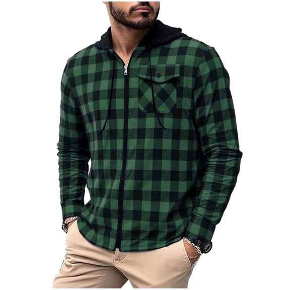 USNSM Mens Flannel Shirts Long Sleeve Casual Full Zipper Button Pocket Plaid Shirt Tops Cotton Business Work Shirts Green XXL