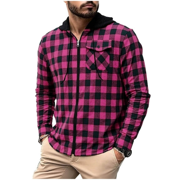 USNSM Mens Flannel Shirts Long Sleeve Casual Full Zipper Button Pocket Plaid Shirt Tops Cotton Business Work Shirts Pink L