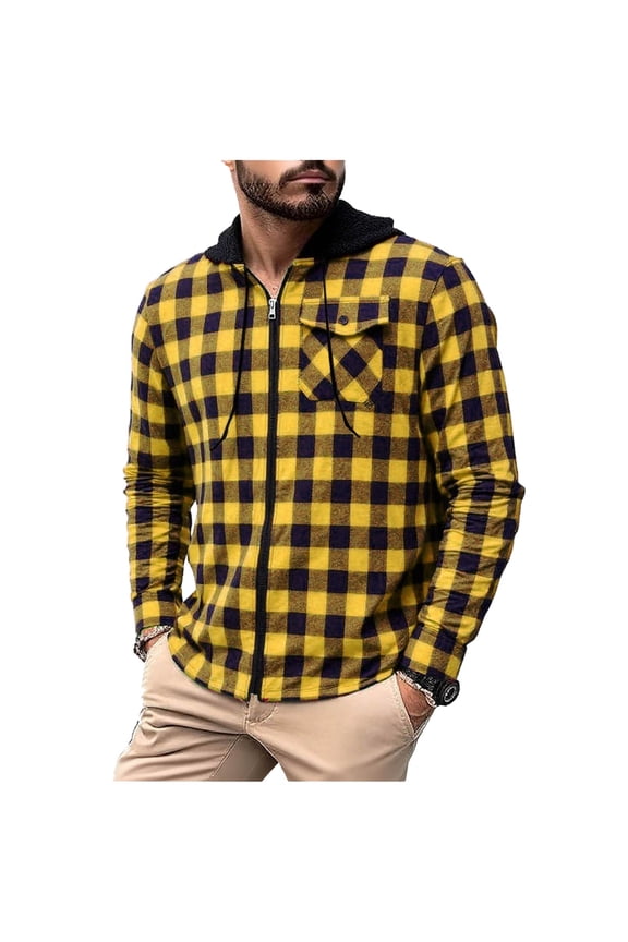 Mens Flannel Shirts Long Sleeve Casual Full Zipper Button Pocket Plaid Shirt Tops Cotton Business Work Shirts Yellow XXL