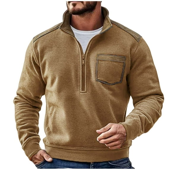 USNSM Mens Half Zip Sweatshirt Pullover Solid Color Long Sleeve Stand-up Collar Top Vintage Casual Shirts with Pocket Brown M