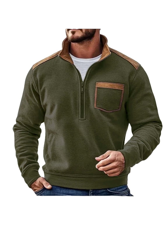 Mens Half Zip Sweatshirt Pullover Solid Color Long Sleeve Stand-up Collar Top Vintage Casual Shirts with Pocket Green S