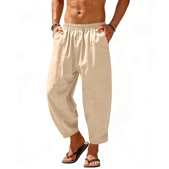 USNSM Mens Harem Pants Casual Elastic Waist Drawstring Cotton Cropped Linen Pants Baggy Hippie Boho Beach Yoga Trousers Beige XXXL