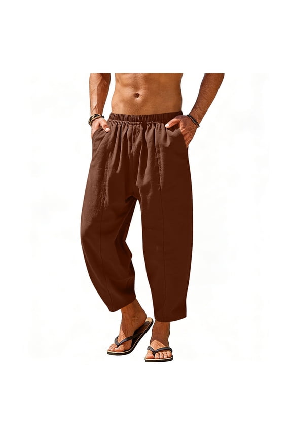 Mens Harem Pants Casual Elastic Waist Drawstring Cotton Cropped Linen Pants Baggy Hippie Boho Beach Yoga Trousers Brown XL