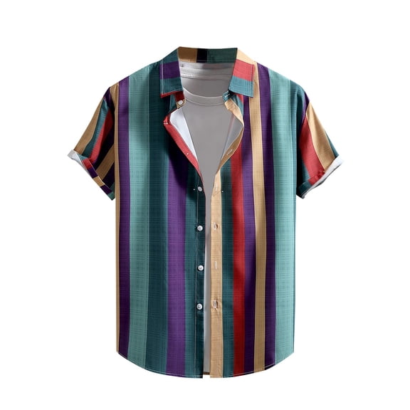 USNSM Mens Hawaiian Beach Striped Button Shirts Down Summer Shirt Casual Printed Turndown Short Sleeve Shirt Blouse Orange L