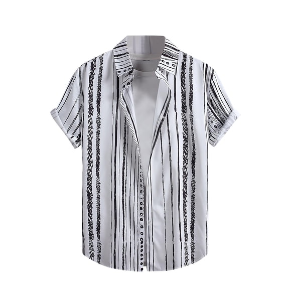 USNSM Mens Hawaiian Beach Striped Button Shirts Down Summer Shirt Casual Printed Turndown Short Sleeve Shirt Blouse White M