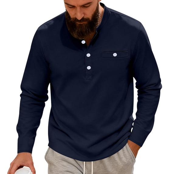 USNSM Mens Henley Long Sleeve Shirts Cotton Pocket Button T Shirts Casual Lightweight Plain Tops Fall Basic Tee Blue XXL