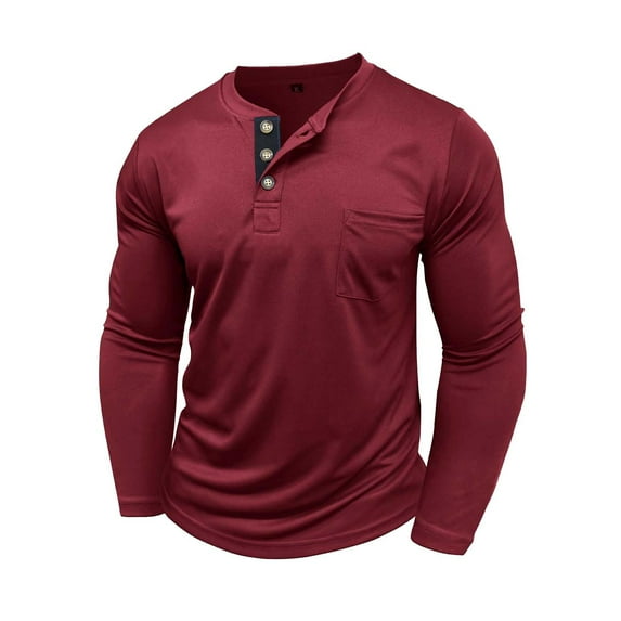 USNSM Mens Henley Shirts Long Sleeve with Pocket Fall Cotton Casual T-Shirts Plain Moisture Wicking Tee with 3 Button Red XXXL