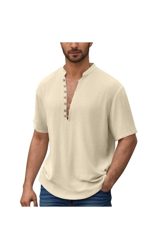 Mens Henley Short Sleeve Shirts Casual Lightweight Cotton Linen Shirts Collarless Button Tops Hippie Summer Clothes Beige XL