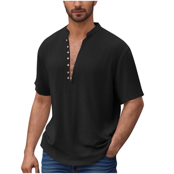 USNSM Mens Henley Short Sleeve Shirts Casual Lightweight Cotton Linen Shirts Collarless Button Tops Hippie Summer Clothes Black S