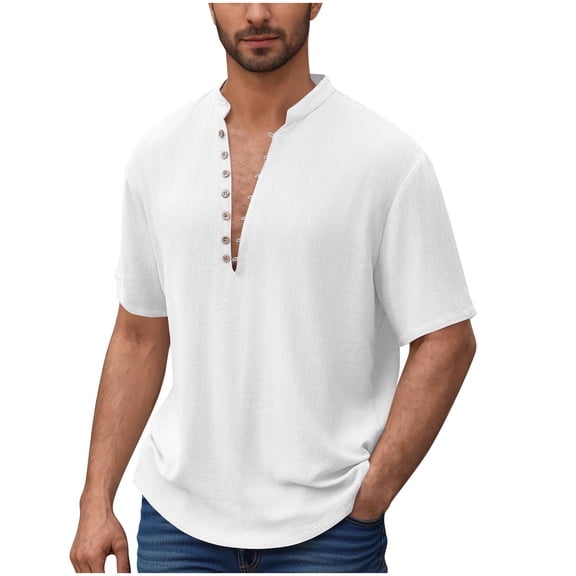 USNSM Mens Henley Short Sleeve Shirts Casual Lightweight Cotton Linen Shirts Collarless Button Tops Hippie Summer Clothes White S