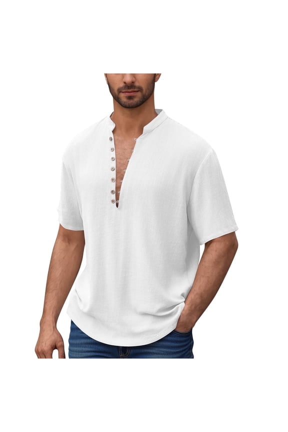 Mens Henley Short Sleeve Shirts Casual Lightweight Cotton Linen Shirts Collarless Button Tops Hippie Summer Clothes White XXL