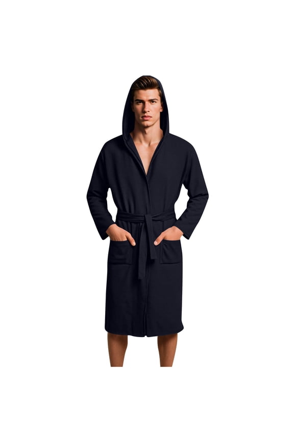 Mens Hooded Bathrobe, Solid Color Long Sleeve Hooded Cotton Bathrobe, Absorbent Shower Robe, Lightweight Towel Bathrobes Blue XXL