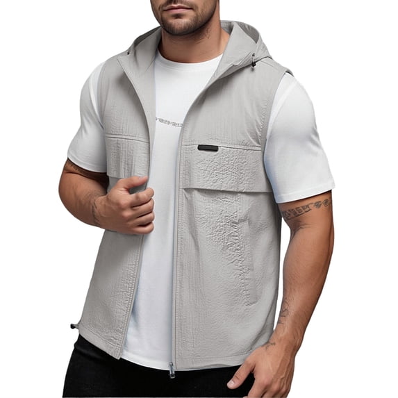USNSM Mens Hoodie Casual Lightweight Golf Vest Outerwear with Pockets Zip Up Solid Color Sleeveless Softshell Jacket for Running Hiking Gray XXL