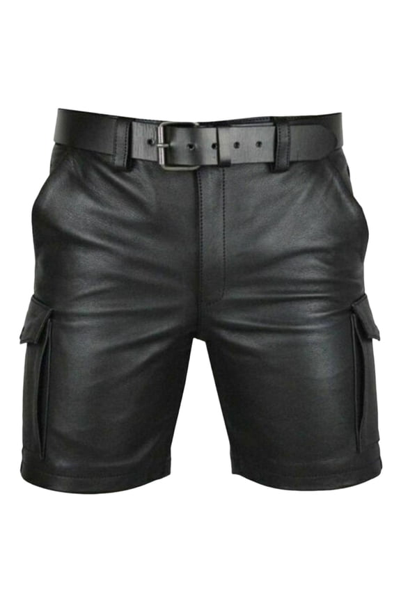 Mens Leather Shorts Trendy Leather Multi Pockets Pant Style Button Shorts for Workout,Running,Gym,Party Black XXL