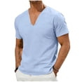 thumbnail image 1 of USNSM Mens Linen Deep V Neck Shirts Casual Cotton Short Sleeve Hippie Yoga Tops Lightweight Summer Beach Vacation Shirts Blue XL, 1 of 6