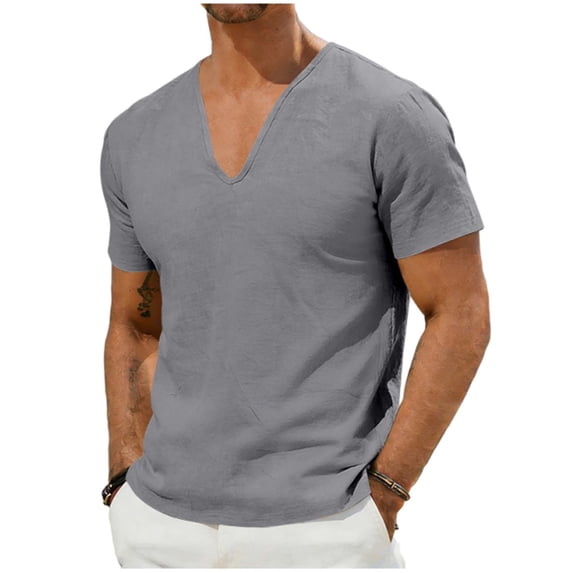USNSM Mens Linen Deep V Neck Shirts Casual Cotton Short Sleeve Hippie Yoga Tops Lightweight Summer Beach Vacation Shirts Gray L
