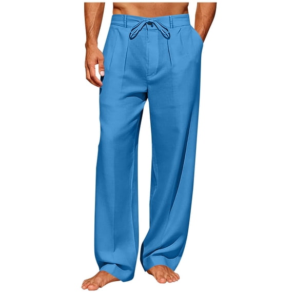 USNSM Mens Linen Pants Summer Fashion Solid Color Lightweight Drawstring Elastic Waist Wide Leg Trousers Pocket Straight Leg Pants Blue XL