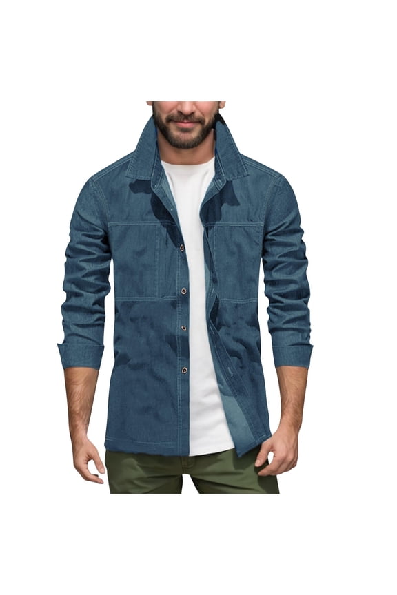 Mens Linen Shirt Jacket Button Down Long Sleeve Shacket Casual Cotton Casual Lightweight Jacket Blue S