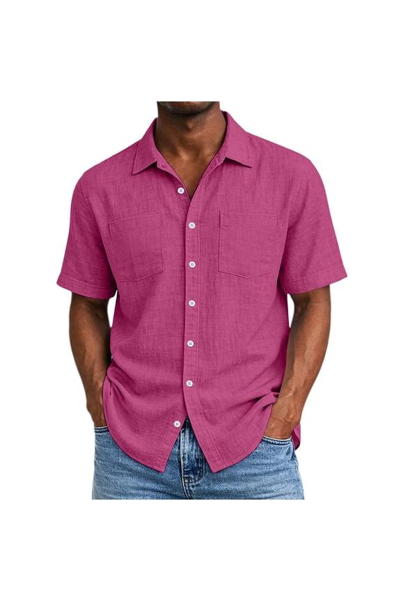 Mens Linen Shirt Short Sleeve Collar Wrinkle Free Solid Color Casual Untucked Button Down Shirts Beach Breathable Tops Summer Pink S