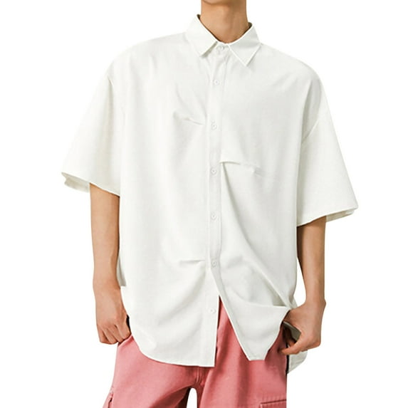 USNSM Mens Linen Shirts Short Sleeve Classic Fit Button Down Shirts Wrinkle Free Casual Vacation Beach Summer Tops White L