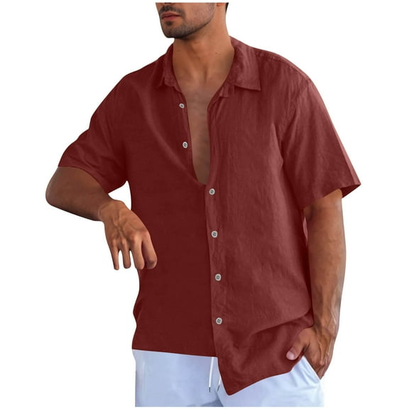 USNSM Mens Linen Shirts Short Sleeve Lapel Button Down Shirts Wrinkle Free Casual Vacation Beach Summer Tops Red XXXL