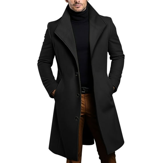 USNSM Mens Long Trench Coat Single Breasted Notched Collar Overcoat Casual Solid Color Long Sleeved Fall Winter Warm Peacoat Black XL