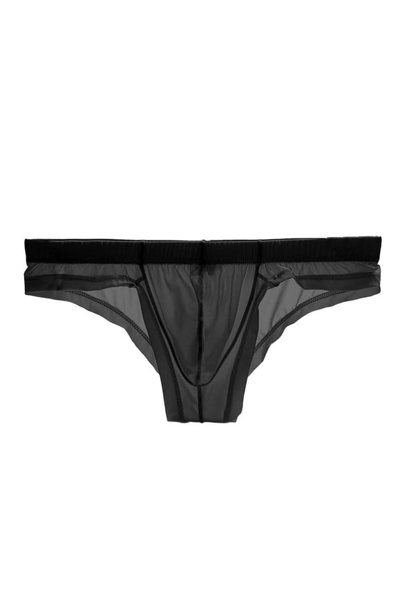 Mens Low Waist High Fork Ice Silk U Convex Thongs See-Through Briefs Black XXXL