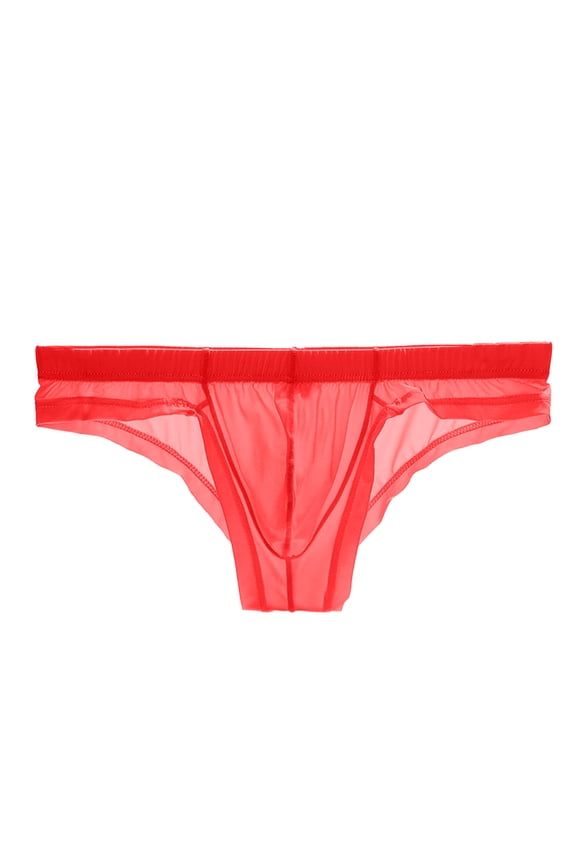 Mens Low Waist High Fork Ice Silk U Convex Thongs See-Through Briefs Red L