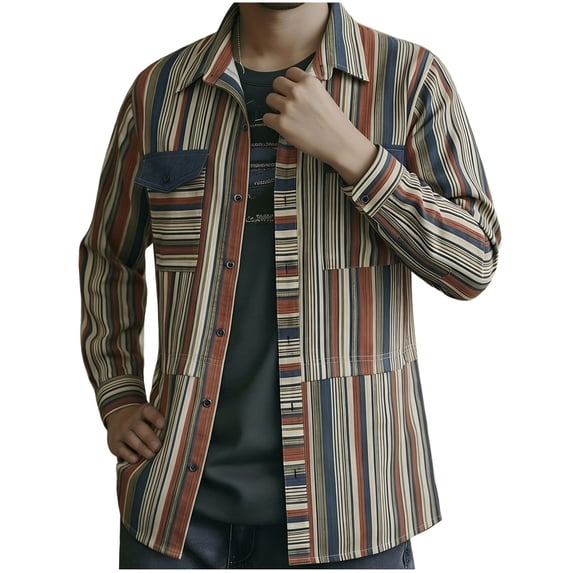 USNSM Mens Patchwork Button Down Shirt Vertical Striped Tee Long Sleeve Classic Fashion Tops Collared Shirts with Pockets Brown XXXL
