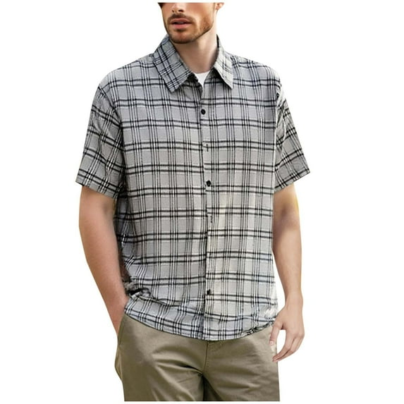 USNSM Mens Plaid Short Sleeve Button Down Shirts for Men Dress Shirts Short Sleeves Casual Summer Blouse with Pockets Gray L