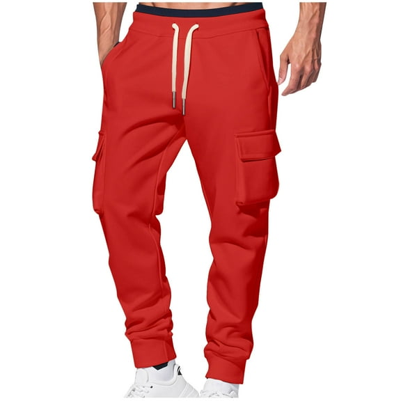 USNSM Mens Plus Velvet Cargo Sweatpants Heavyweight Elastic Waist Pants with Pockets Baggy Drawstring Jogger Pants Red XXXL