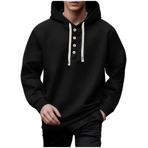 USNSM Mens Quarter Button Pullover Hoodies Vintage Long Sleeve Casual Solid Color Fashion Hoodie Fall Winter Sweater for Men Black XL