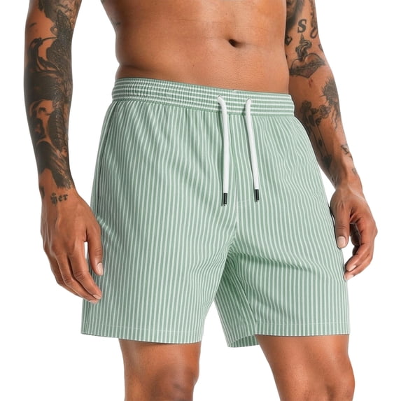 USNSM Mens Quick Dry Striped Swim Trunks Shorts Drawstring Eastic Waistband Bathing Suit with Mesh Lining Swimming Shorts Green M