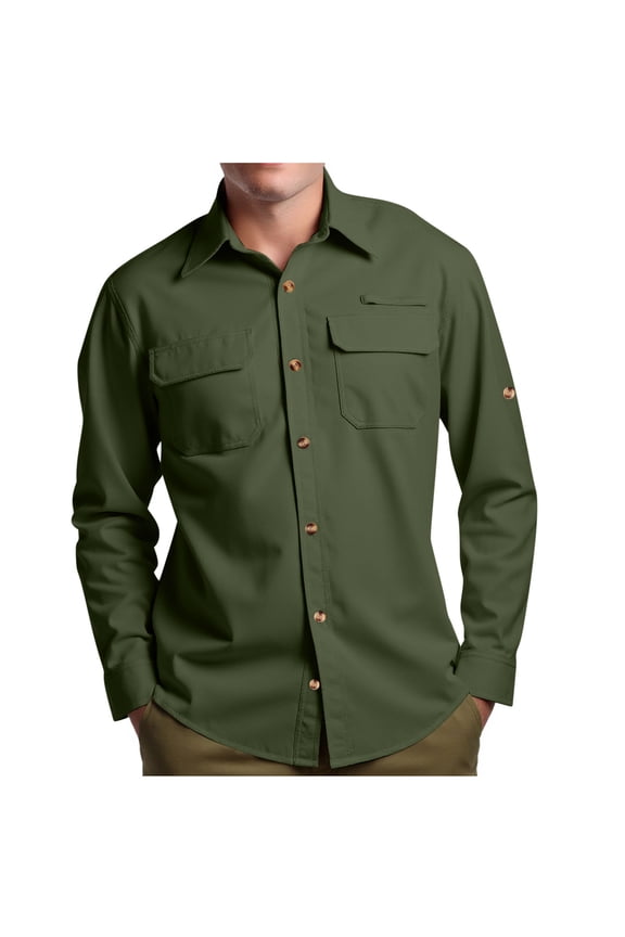 Mens Regular Fit Long Sleeve Work Utility Button Down Shirt with Pockets for Travel Outdoor Camping Hiking Green S