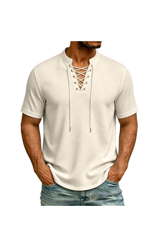 Mens Retro Lace Up Cotton Linen-Like Versatile Breathable Lightweight Shirts for Beach Summer Hippie Boho Fashion T-Shirt Beige S