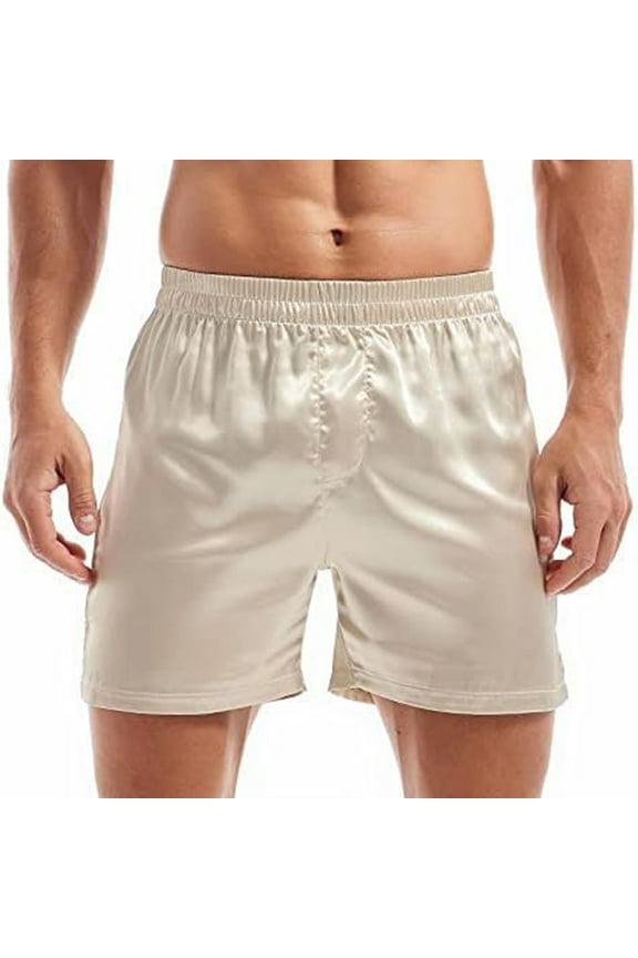 Mens Satin Boxers Lounge Shorts Solid Color Sleepwear Casual Silky Soft Comfort Breathable Pajama Shorts Beige S