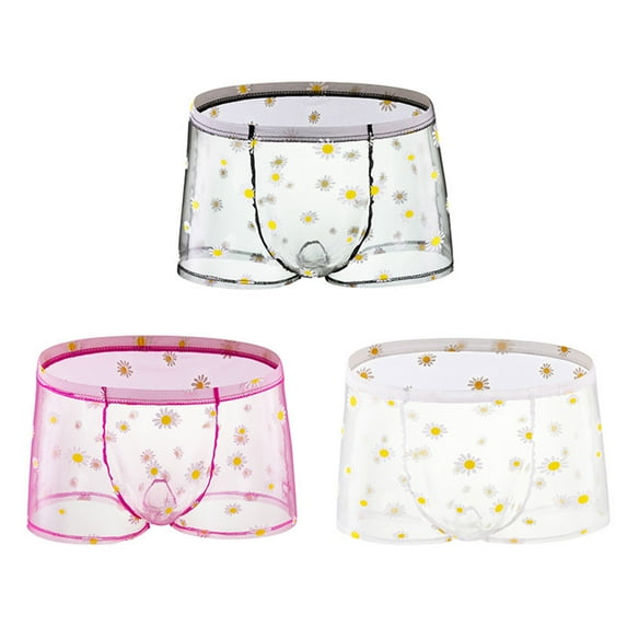 USNSM Mens See-through Daisy Boxer Briefs Underwear Ice Silk Printed Breathable Low Waist Lingerie Multicolor XXL
