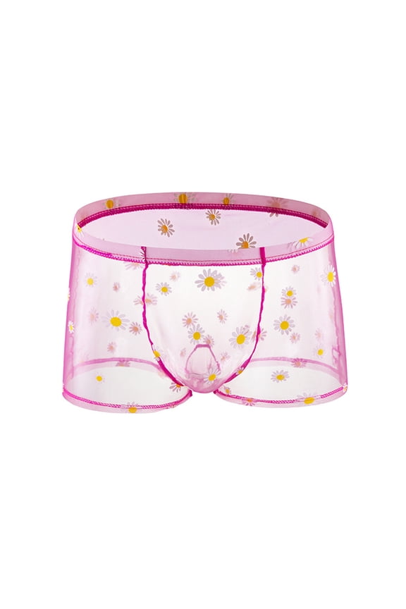 Mens See-through Daisy Boxer Briefs Underwear Ice Silk Printed Breathable Low Waist Lingerie Pink M