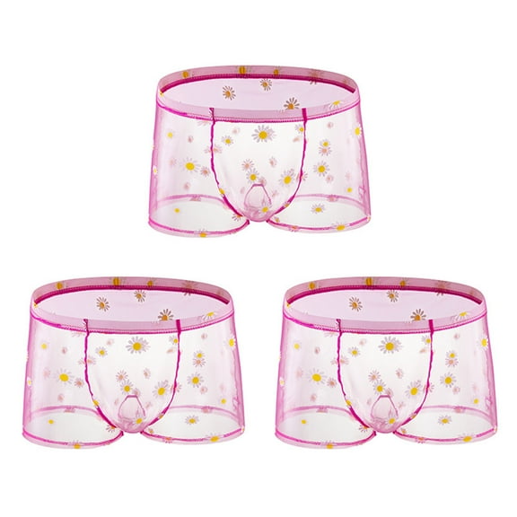 USNSM Mens See-through Daisy Boxer Briefs Underwear Ice Silk Printed Breathable Low Waist Lingerie Pink XXL
